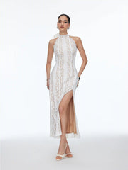 Lace Stand Collar Scarf Neck Split Backless Maxi Dress