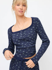 Waffle Ditsy Floral U-neckline Cropped Top & Mid Rise Drawstring Flared Trousers Set