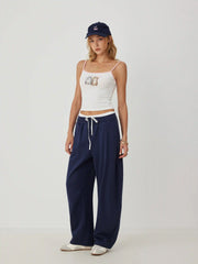 Cotton-blend Cat Graphic Scoop Neck Contrasting Binding Bowknot Cami Top