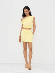 Linen-blend Asymmetrical Neck Elastic Waist Crop Top With Mini Skirt