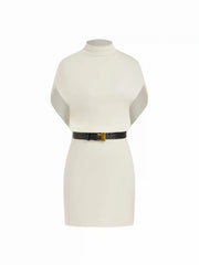 Cotton-blend High Neck Batwing Sleeve Straight Mini Dress With Belt