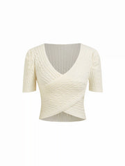 Cable Knit V-neck Short Sleeve Criss Cross Wrap Top