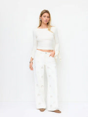 Boat Neck Long Ruffle Sleeve Top
