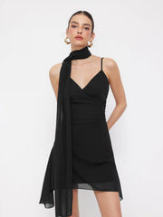 Chiffon V-Neck A-line Mini Dress With Scarf
