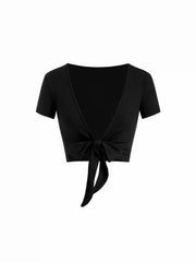 Textured V-neck Short Sleeve Twist Knotted Crop Top