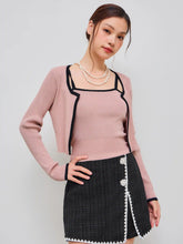 Knitted Round Neckline Solid Contrasting Binding Long Sleeve Top With Crop Cami Top