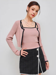 Knitted Round Neckline Solid Contrasting Binding Long Sleeve Top With Crop Cami Top