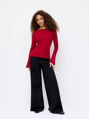 Knit Boat Neck Bell Sleeve High Stretch Top
