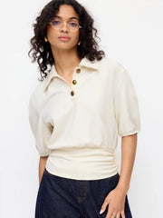 Ruched Hem Collar Short Sleeve Top With Metal Button