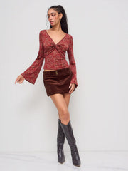 V-neck Floral Twist Long Sleeve Top