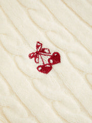 Cable Knit Cherry Embroidery Long Sleeve Ruffle Hem Cardigan