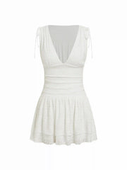 Jacquard V-neck Ruffled Ruched Mini Dress