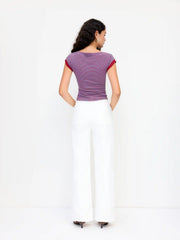Boat Neck Stripe Contrasting Binding Short Sleeve Tee