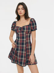 Cotton Sweetheart Neck Puff Sleeve Plaid A-line Mini Dress