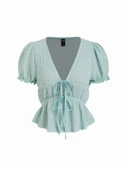 Textured V-neck Tie Front Puff Sleeve Ruffle Hem Top