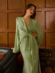 Satin V-neck Asymmetrical Hem Tie Waist Top & Mid Rise Mermaid Maxi Skirt Set