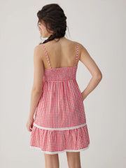 Gingham Square Neck Shirred Tiered Ruffle Hem Mini Dress