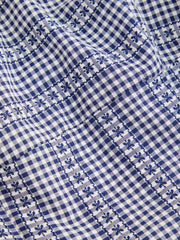 Cotton-blend Gingham Square Neck Ruched Lace Trim Flared Maxi Dress