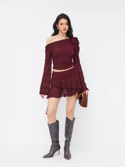 Lace Asymmetrical Neck Ruched Bell Sleeve Top & Layered Ruffle Hem Mini Skirt Set