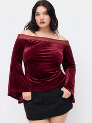 Velvet Off-shoulder Ruched Lace Bell Sleeve Top Curve & Plus