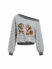 Cotton-blend Asymmetrical Neck Striped Puppies Graphic Oversized Sweatshirt