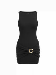 Boat Neck Ruched Metal Detail Mini Dress