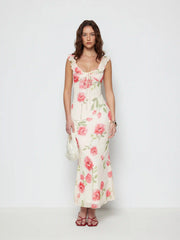 Mesh Floral Graphic V-neck Knotted Mermaid Maxi Dress