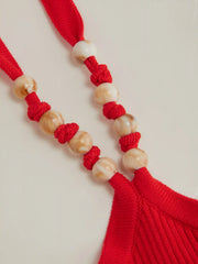 Knitted Halter Neckline Rib Knotted Beaded Top