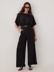 Boat Neck Batwing Sleeve High Rise Wide Leg Jumpsuit With Belt