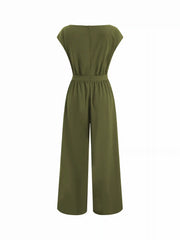 Boat Neck Ruched Metal Detail Wide Leg Jumpsuit