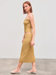 Knit Square Neck Solid Cami Top With Knit Mid Rise Solid Midi Skirt