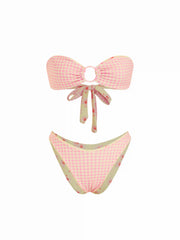 Reversible Floral & Gingham Halter O-Ring Bandeau Low Rise Bikini Set