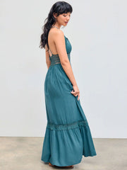 Solid Lace Trim Tiered Maxi Dress