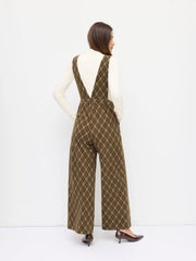 Wool-look Plaid Deep V-neck Wide Leg Jumpsuit