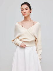 Knit V-neck Solid Wrap Crop Long Sleeve Top