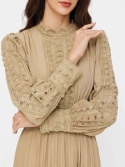 High Neck Long Sleeve Contrasting Lace Hollow Out A-line Maxi Dress