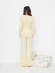 Square Neck Pointelle Lettuce Trim Top & High Rise Bowknot Flared Trousers Loungewear Set