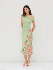 Mesh Asymmetrical Neck Floral Ruched Lettuce Trim Midi Dress