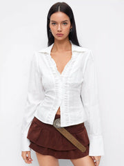 Cotton-blend V-neck Long Sleeve Lettuce Trim Bowknot Blouse