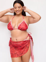 Floral Halter Triangle Top & Low Rise Bikini Set With Sarong Curve & Plus