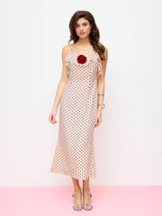 Satin Polka Dot V-Neck Ruffle Maxi Dress