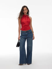 Satin Floral Jacquard Halter Neck Bowknot Cut Out Blouse