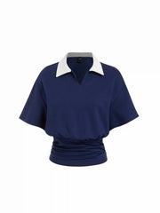 Cotton-blend Two-tone Collar Batwing Sleeve Shirred Hem Top