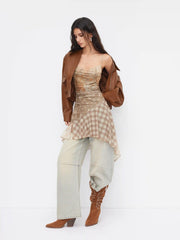 Mesh Floral Plaid Patchy Cowl Neck Asymmetrical Hem Ruffle Midi Dress