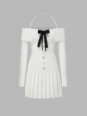 Off-shoulder Bowknot Pleated Knitted Mini Dresses