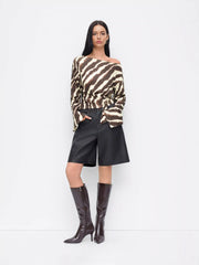 Boat Neck Zebra Striped Belted Bell Sleeve Top