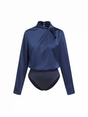 Satin Stand Collar Twist Long Sleeve Bodysuit