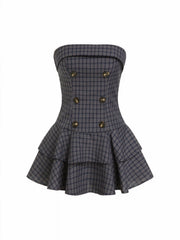 Plaid Double-Breasted Strapless Tiered Mini Dress