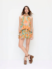 Chiffon Tie Dye Twist Knotted Halter Neck Flared Mini Dress