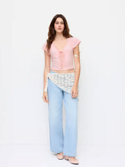 V-neck Lace Trim Tie Front Bell Sleeve Tops